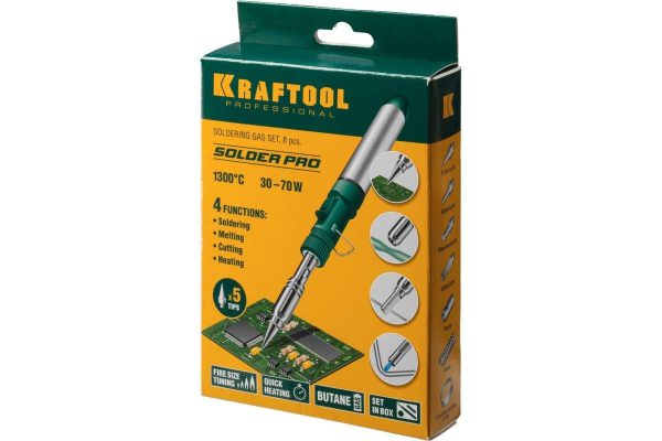 KRAFTOOL SolderGas 70B 30-70Вт 1300°С горелка набор 8-в-1, Газовый паяльник (55504-H8) — изображение 2