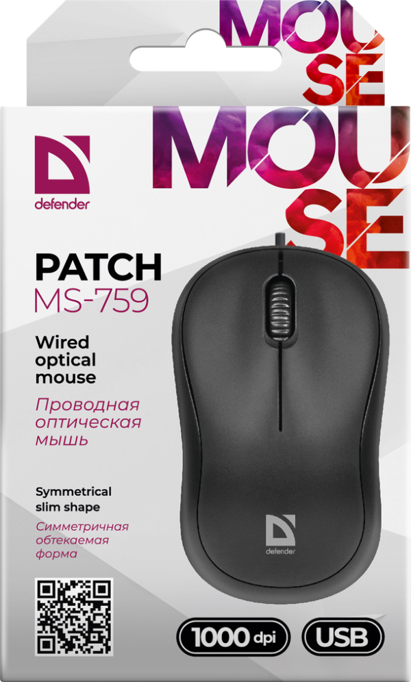 Мышь проводная Defender Patch MS-759 черный, 3 кнопки,1000 dpi