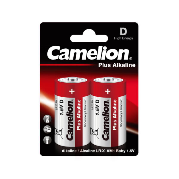 Батарейка, CAMELION, LR20-BP2, Plus Alkaline, D, 1.5V, 21000 mAh, 2шт., Блистер