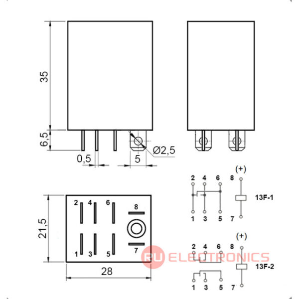 13F-2 (SCL) 12VDC 10A Реле электромагнитное RUICHI 12VDC 2 группы контактов по 10A — изображение 2
