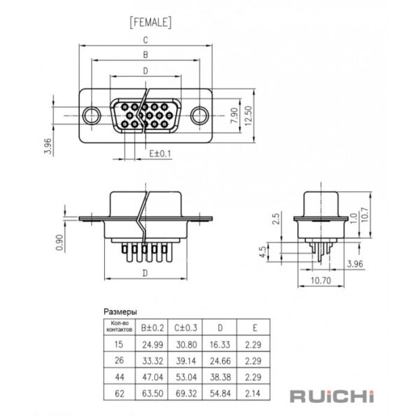 Разъём VGA мама D-SUB RUICHI DHS-15F, 15 контактов — изображение 2