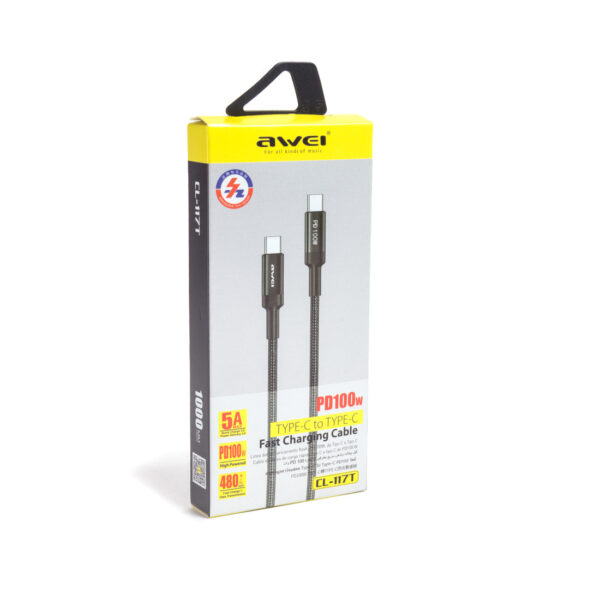 Интерфейсный кабель, Awei, Type-C to Type-C CL-117T, 100W, 5A, 1m, Чёрный — изображение 2