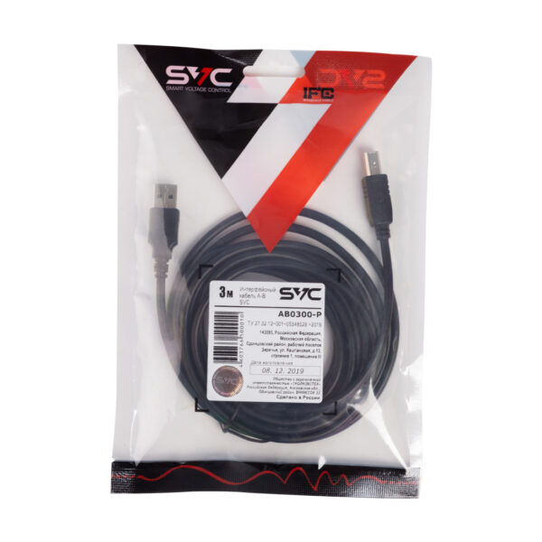 Интерфейсный кабель, SVC, AB0300-P, A-B, Hi-Speed USB 2.0, 30В, Чёрный, Пол. пакет, 3 м. — изображение 2
